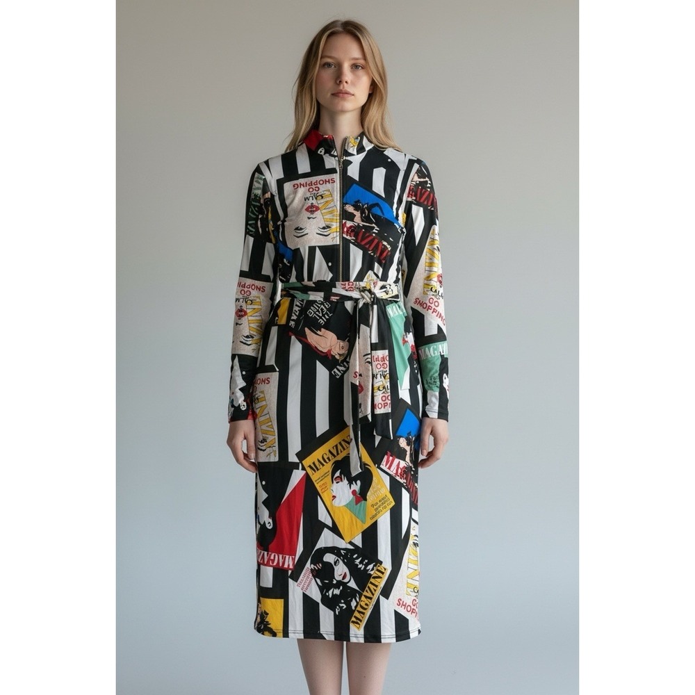 Goodtime USA Women's Plus 1X Multicolor Striped Belted Zip Midi Shirt Dress
